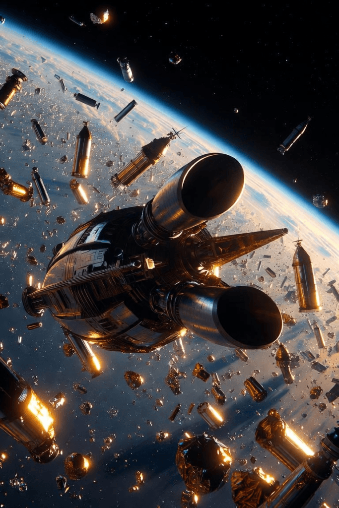 Futuristic spacecraft navigating through a field of orbital debris for space exploration sustainability above Earth