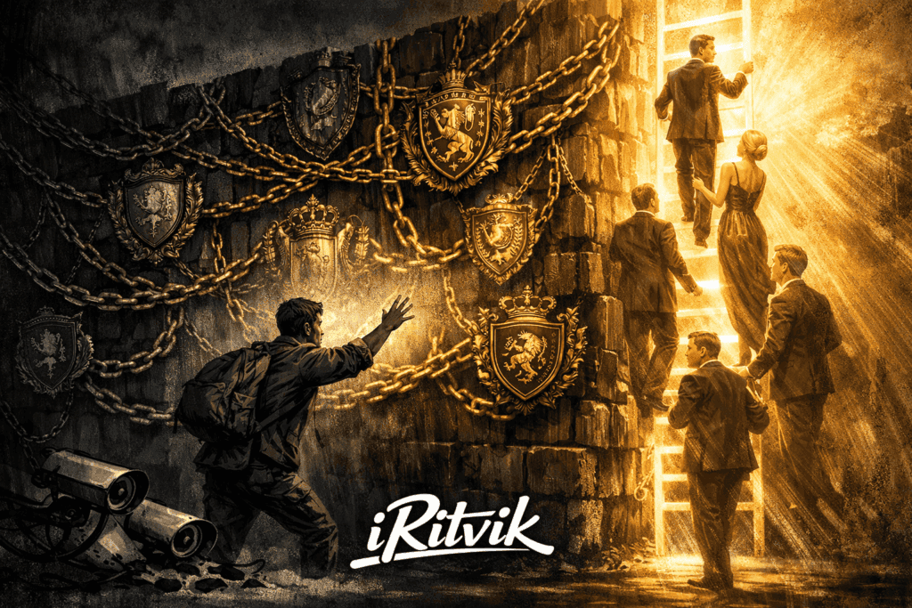 A metaphorical illustration of nepotism showing a young person blocked by a stone wall covered in golden chains and crests, while others ascend a glowing ladder of success.