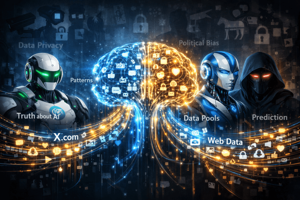 A detailed infographic showing a glowing geometric human brain hovering over an open, old book. Multiple floating screens showing various forms of data (web articles, social media icons, code, and mathematical formulas) feed light into the brain core. Icons representing xAI (Grok) and OpenAI are visible, with terms like 'Truth about AI', 'Patterns', 'Data Pools', and 'Prediction' appearing as text within the scene
