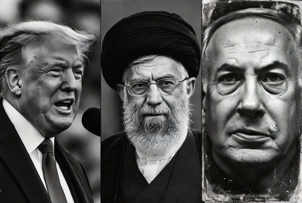 A black and white triptych portrait photograph showing Donald Trump, Ali Khamenei, and Benjamin Netanyahu, illustrating the key political figures involved in the 2026 US-Iran War.