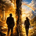 A conceptual split-screen illustration showing a silhouette of a man looking at a futuristic, industrial cityscape on the left and a silhouette of a woman walking into a serene, natural landscape with a rainbow on the right, separated by a jagged dark rift