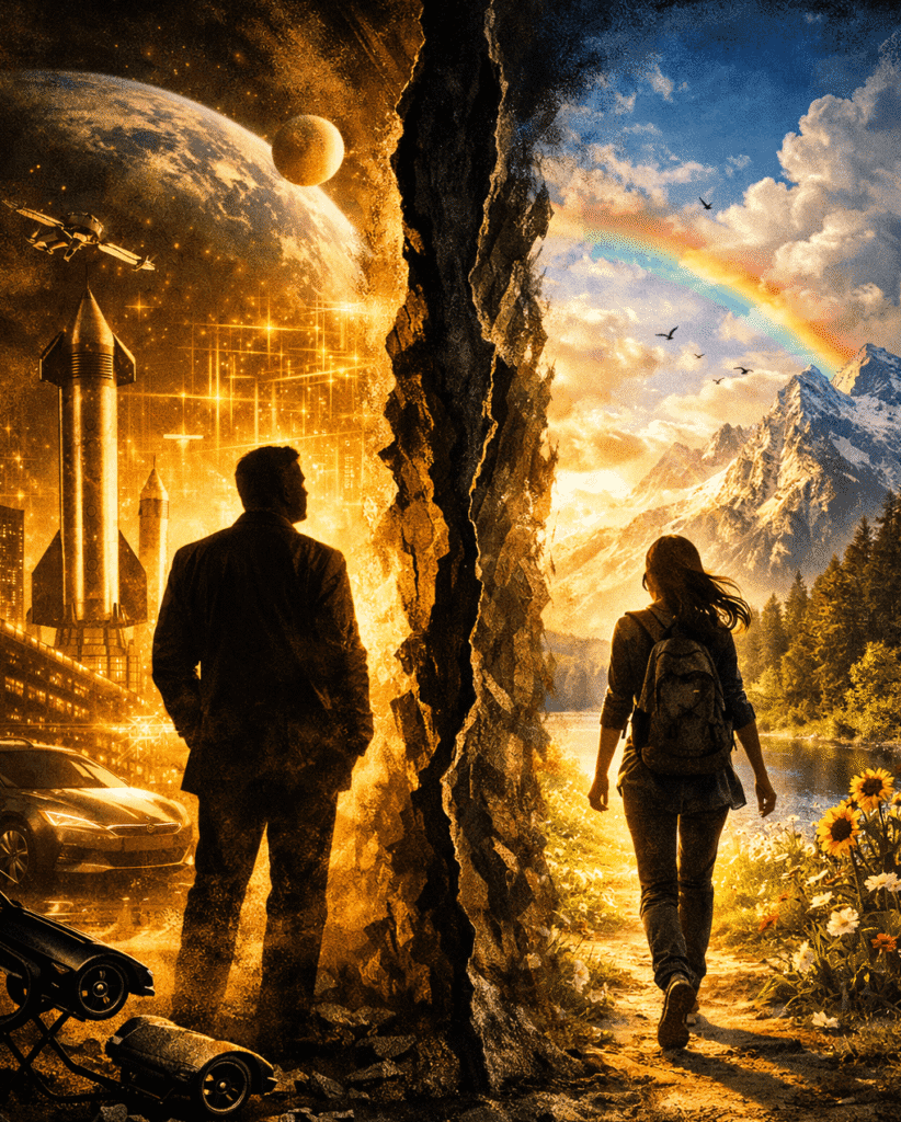 A conceptual split-screen illustration showing a silhouette of a man looking at a futuristic, industrial cityscape on the left and a silhouette of a woman walking into a serene, natural landscape with a rainbow on the right, separated by a jagged dark rift