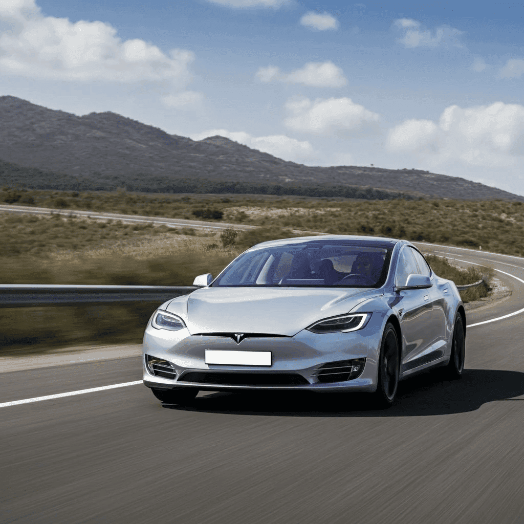 Silver Tesla Model S driving on a scenic highway, illustrating the promise of autonomous technology versus real-world road conditions.