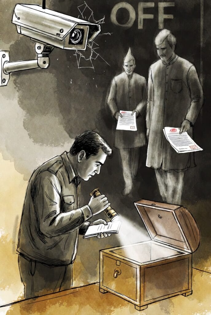 Investigative scene showing an empty donation chest, scattered documents, and a broken CCTV camera in Ayodhya, symbolizing the Ram Mandir irregularities probe