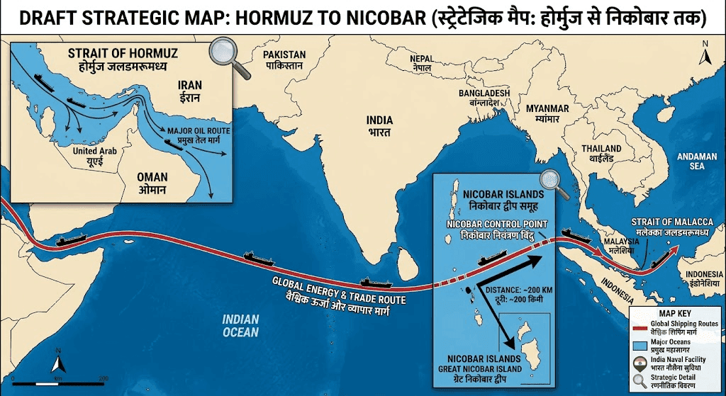 Map showing global maritime trade routes, energy shipping lanes, and critical maritime choke points like the Strait of Hormuz and the Strait of Malacca, highlighting the Malacca Dilemma and strategic vulnerabilities for East Asian economies.