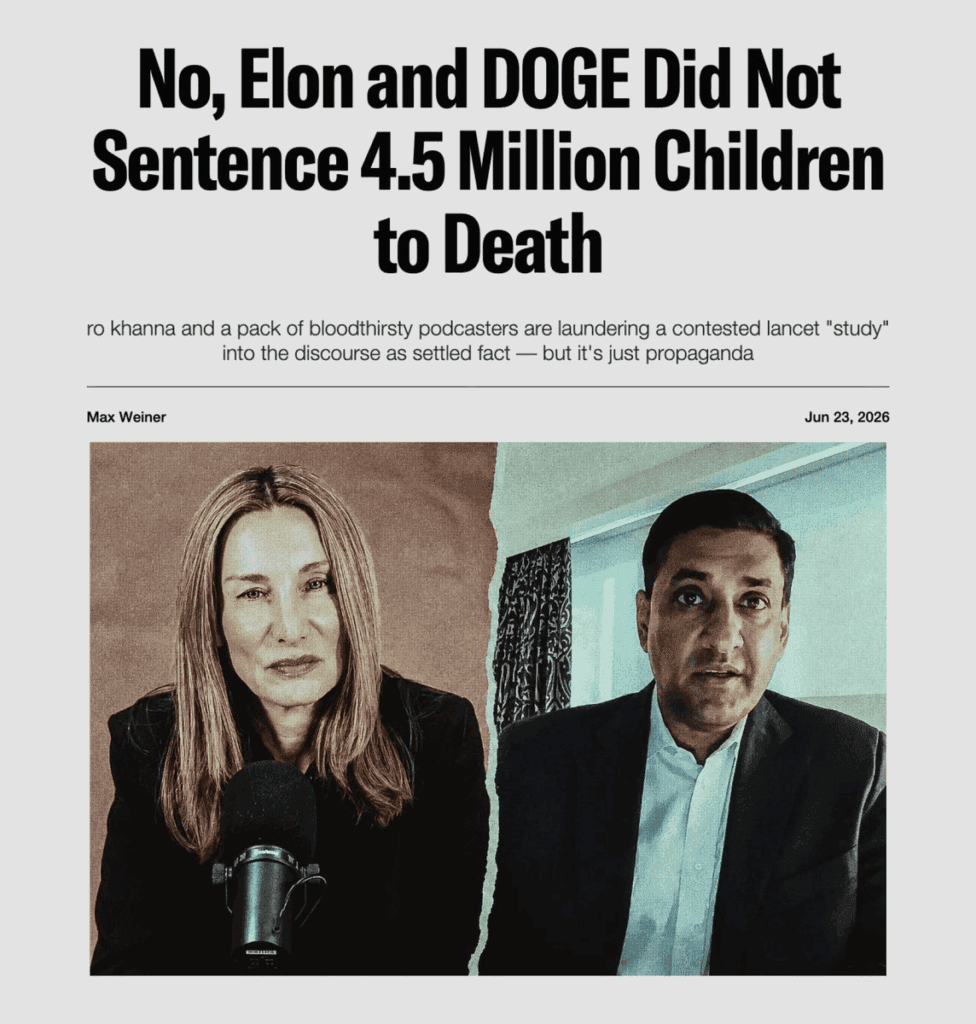 A news article headline titled 'No, Elon and DOGE Did Not Sentence 4.5 Million Children to Death,' highlighting the intense political discourse and propaganda surrounding Elon Musk's X platform and its influence on digital democracy.