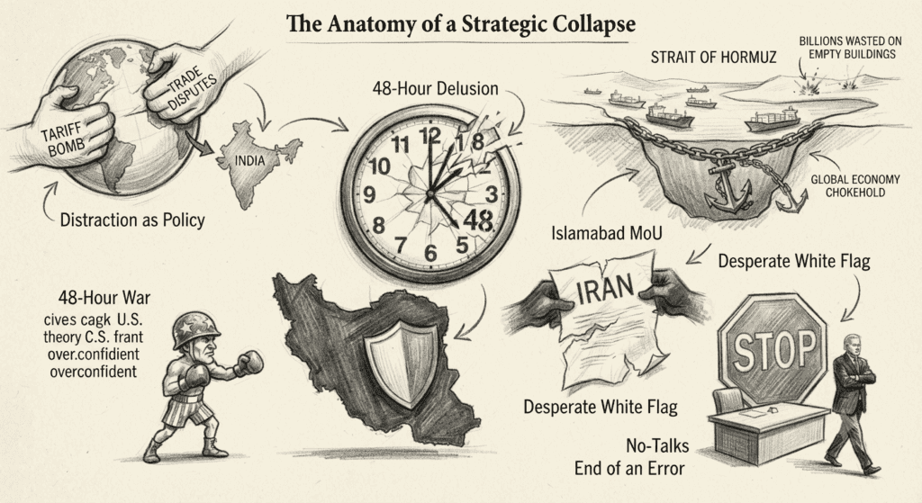 A conceptual pencil sketch titled "The Anatomy of a US Iran Policy Failure," illustrating the collapse of US-Iran diplomatic negotiations through interconnected scenes, including a shattered clock, a trade distraction, the Strait of Hormuz chokepoint, a torn MoU document, and a final "No-Talks" stop sign