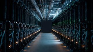 A wide-angle interior view of a massive AI Infrastructure data centre aisle lined with rows of dark, industrial server racks illuminated by rhythmic status lights, highlighting the scale and complexity of AI hardware