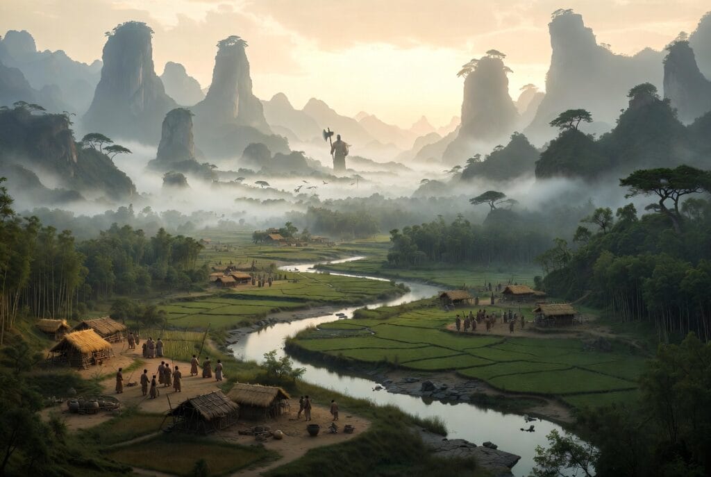 Illustration of the history of ancient China, a Chinese farming village along a river with misty mountains in the background, representing early civilisation foundations.