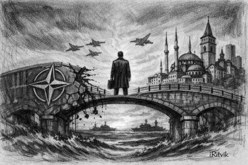 Symbolic illustration showing a map of the Black Sea region and the Bosphorus Strait, highlighting Turkey’s strategic position between Europe and Russia.