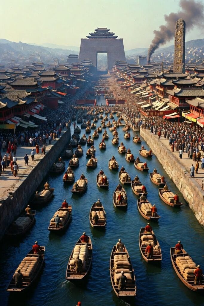 Illustration of the Grand Canal and bustling Tang and Song Dynasties economy with historic trade and inventions