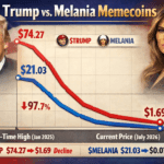 A line chart titled "Trump vs. Melania Memecoins" illustrating the dramatic price decline of $TRUMP and $MELANIA tokens from their January 2025 all-time highs to July 2026.