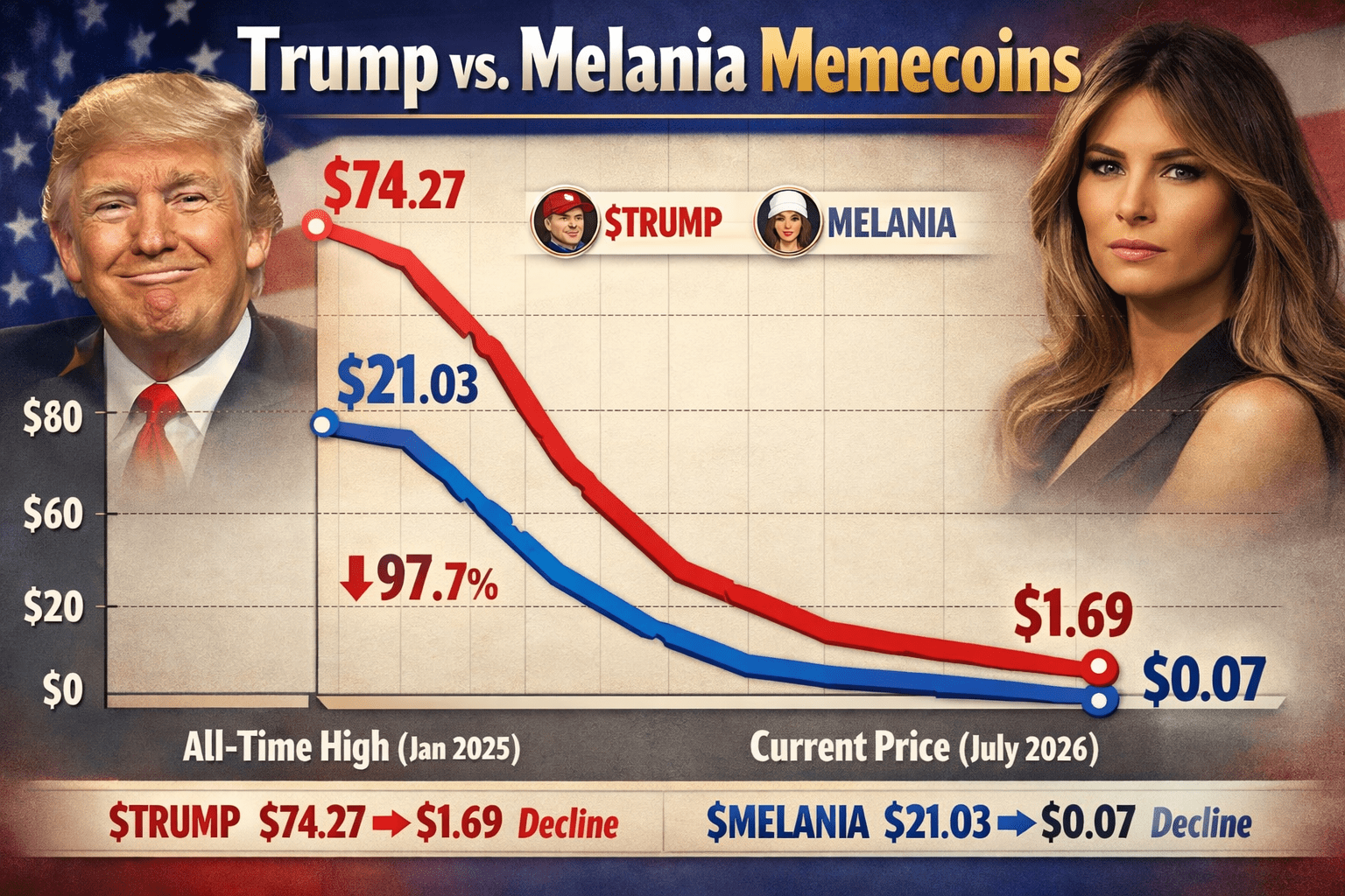 A line chart titled "Trump vs. Melania Memecoins" illustrating the dramatic price decline of $TRUMP and $MELANIA tokens from their January 2025 all-time highs to July 2026.