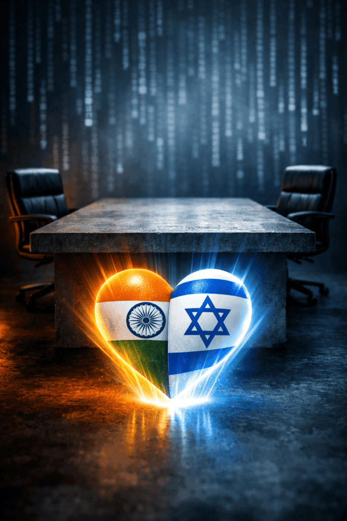 Conceptual image showing a glowing holographic projection of the India Israel Relationship flags in the shape of a heart, placed in front of a solid, professional concrete diplomatic table, symbolizing the contrast between social media sentiment and the reality of state-to-state diplomacy.