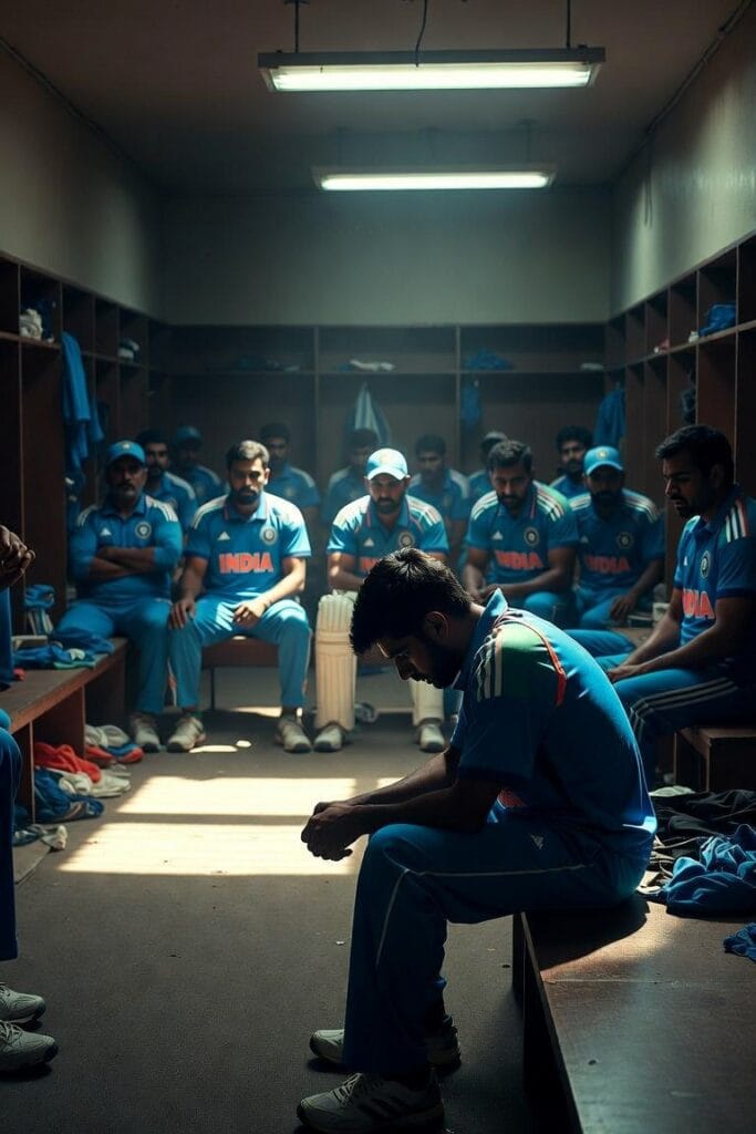 A somber Indian cricket team in a dimly lit dressing room, with a dejected player in the foreground symbolizing team tension and internal conflict.