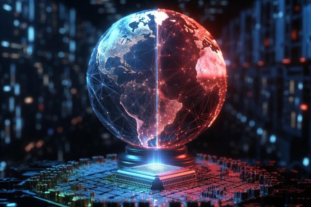 Geopolitical concept of the AI Cold War showing a glowing advanced microchip against a digital globe split by red and blue lights