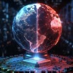 Geopolitical concept of the AI Cold War showing a glowing advanced microchip against a digital globe split by red and blue lights