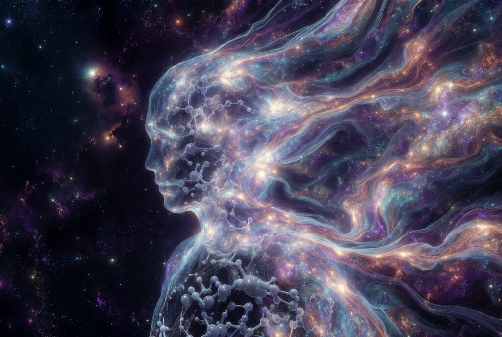 A cosmic, ethereal silhouette representing exotic life forms beyond carbon, featuring shimmering molecular structures and flowing plasma energy against a starry background