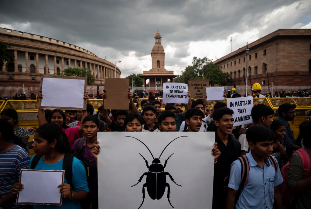Young students demonstrating near a government building, with one holding a banner showing the Cockroach Janta Party symbol. Image. Representational image