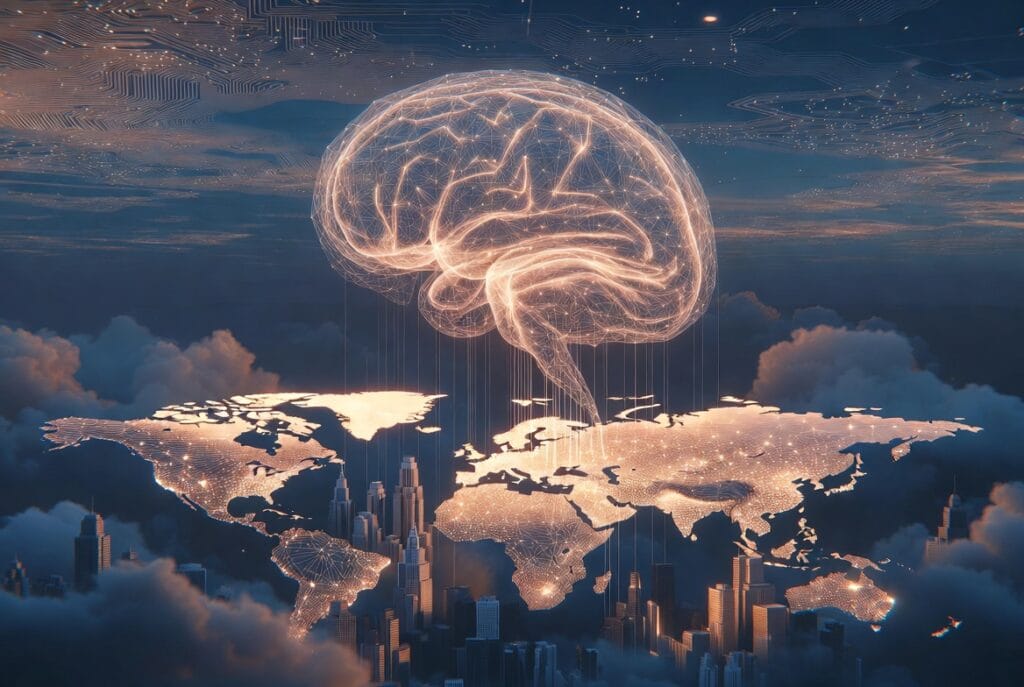 Who controls AI - glowing neural network brain above illuminated world map