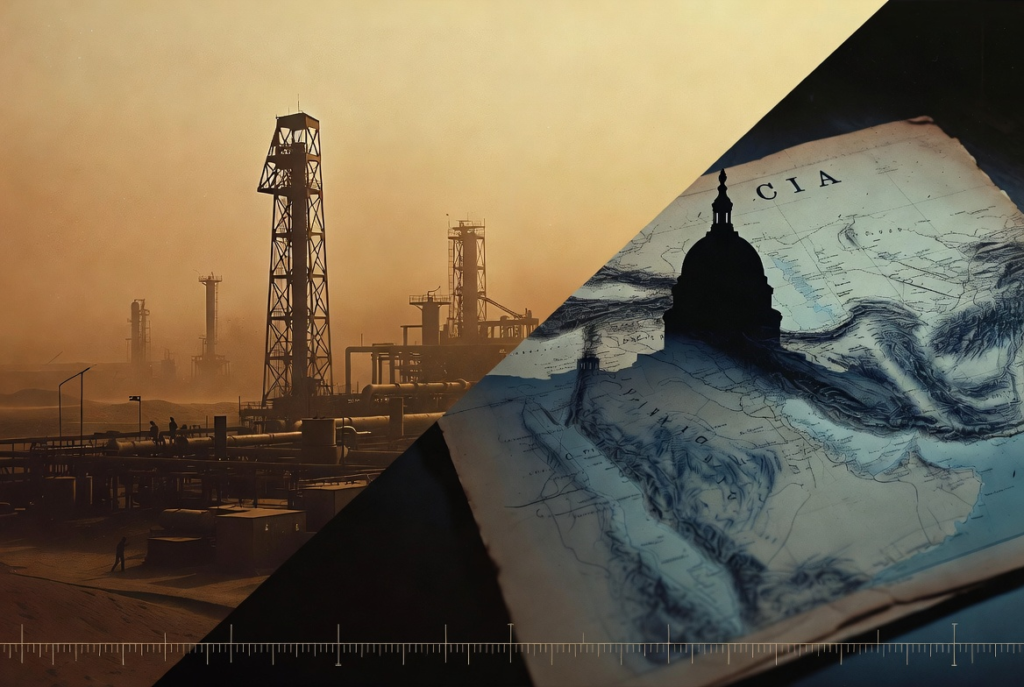Vintage-style illustration showing an industrial oil refinery alongside a map during the historical Iran Oil Nationalization era.