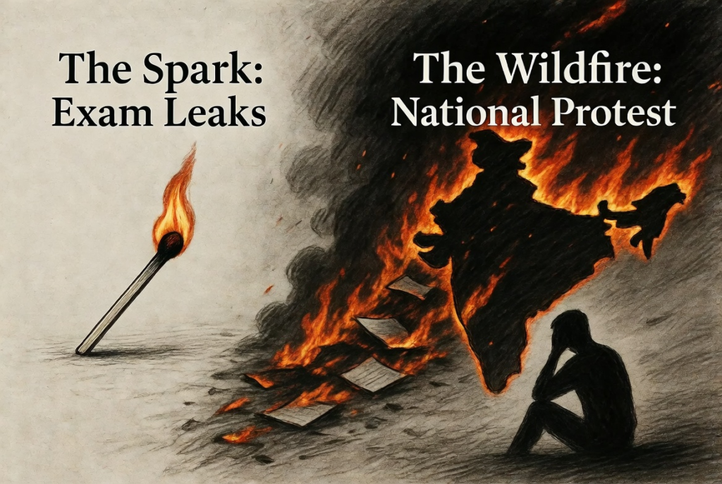 Editorial sketch illustrating the nationwide student protests against the Modi Government over exam leaks, showing a matchstick igniting a burning map of India.