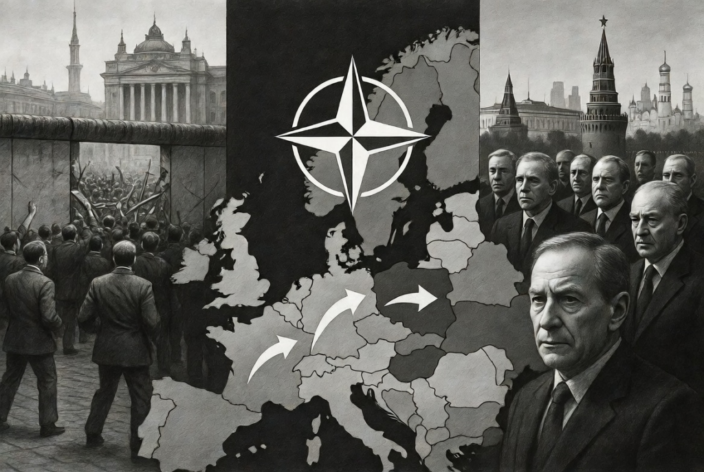 Illustration showing NATO's eastward expansion after the Cold War and the changing European security landscape.