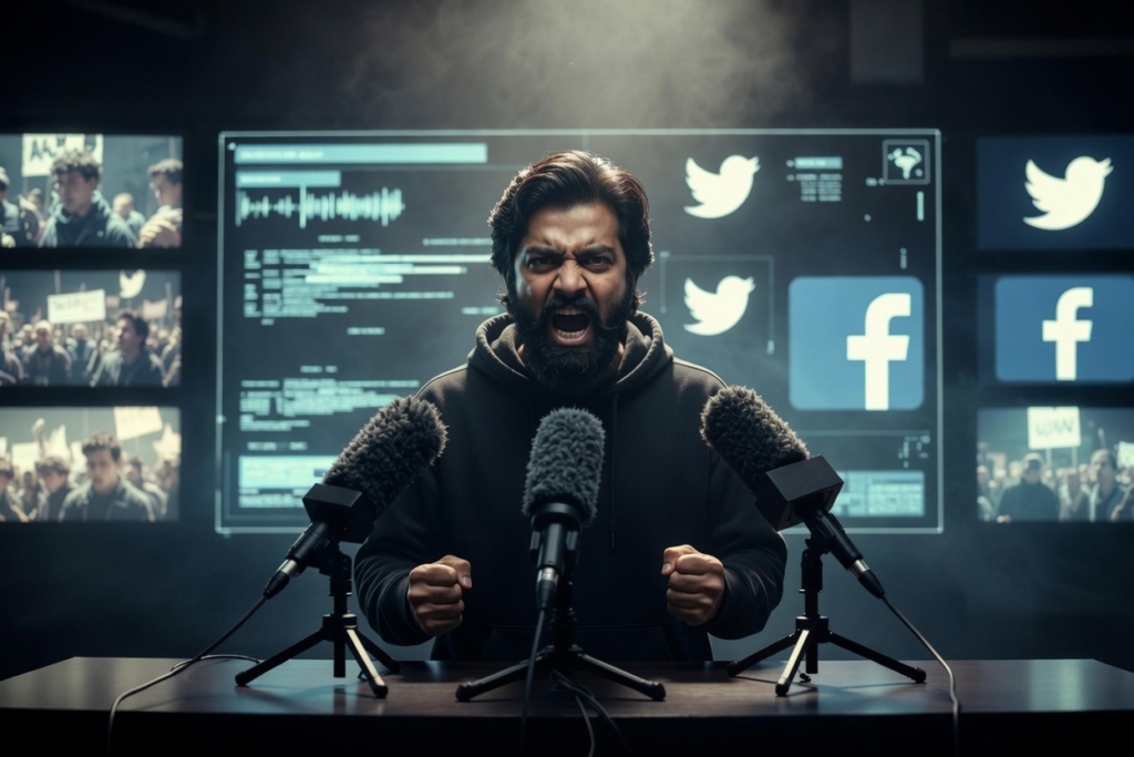Abhijeet Dipke speaking passionately into microphones during a press conference surrounded by social media screens and protest visuals.