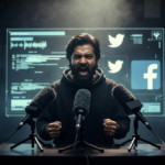 Abhijeet Dipke speaking passionately into microphones during a press conference surrounded by social media screens and protest visuals.