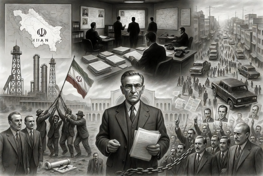 CIA coup in Iran illustration showing Mohammad Mossadegh, Operation Ajax planning, Tehran protests, and the 1953 political crisis.