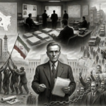 CIA coup in Iran illustration showing Mohammad Mossadegh, Operation Ajax planning, Tehran protests, and the 1953 political crisis.