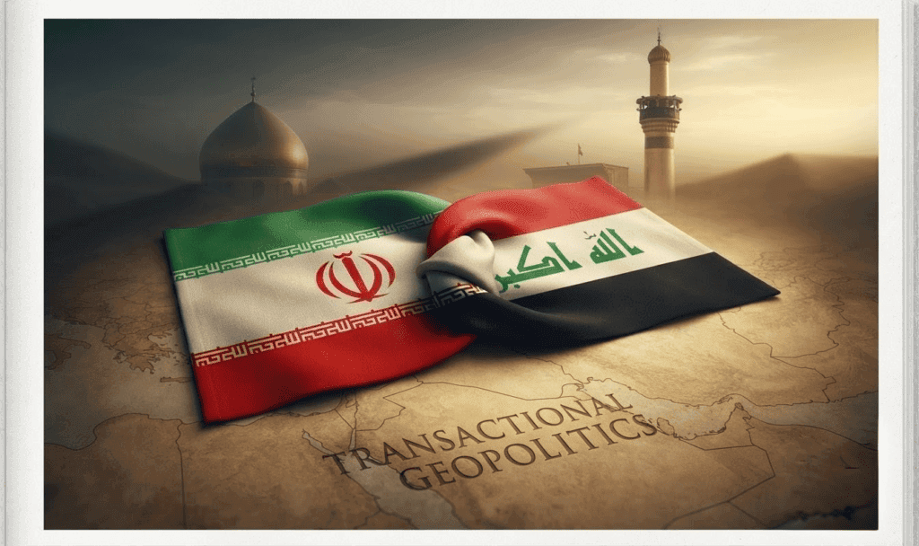 Conceptual image showing the flags of Iran and Iraq tied together, resting on a map of the Middle East, symbolizing transactional geopolitics and the changing regional alignment in 2026.