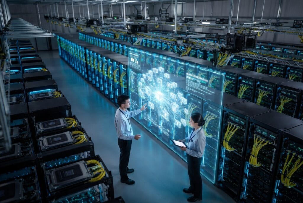 Two engineers analyzing a holographic display of AI computing power in a massive modern data center.