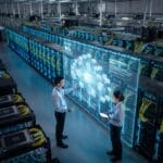 Two engineers analyzing a holographic display of AI computing power in a massive modern data center.