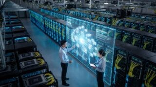 Two engineers analyzing a holographic display of AI computing power in a massive modern data center.