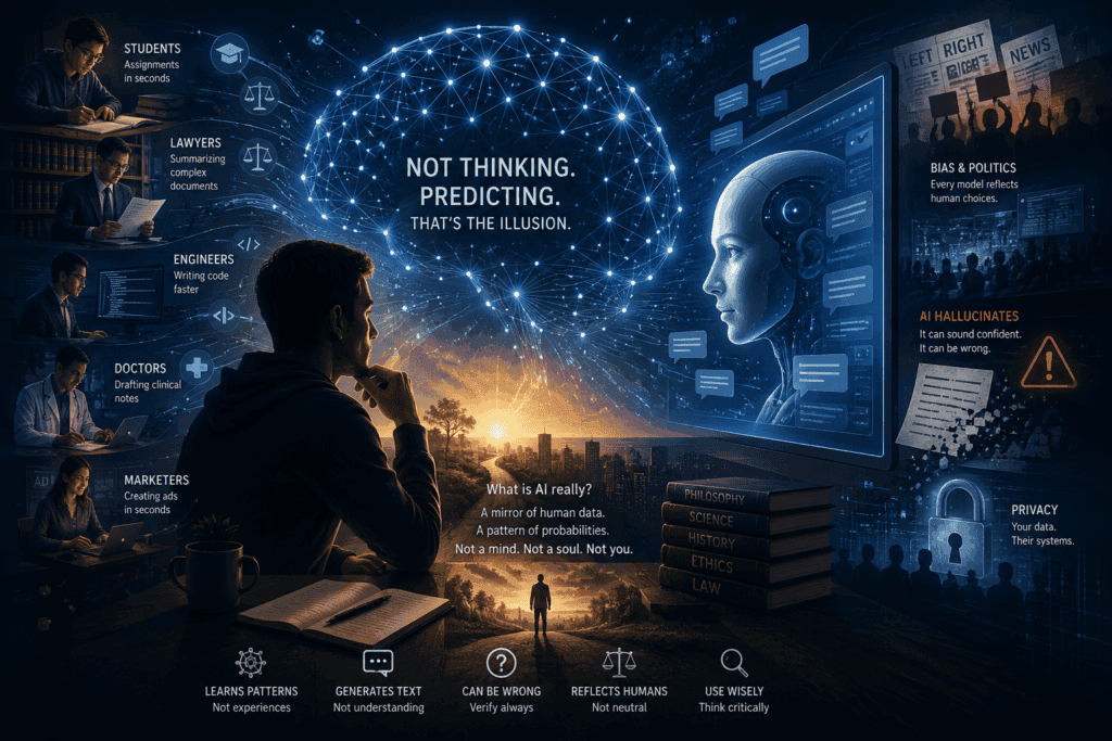 A conceptual illustration showing how does AI work by connecting massive data patterns and neural networks.