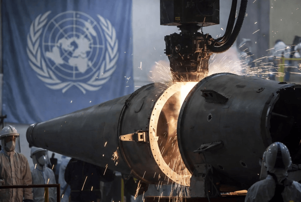 Workers dismantling a decommissioned missile during the nuclear disarmament process that led to the Budapest Memorandum