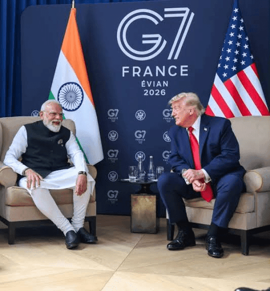 Prime Minister Narendra Modi and President Donald Trump in a formal meeting at the 2026 G7 Summit in Évian-les-Bains, France.